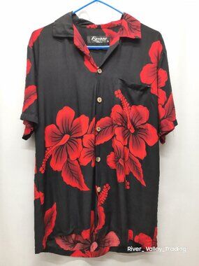 Favant Hawaii Men's Medium Aloha Shirt Black Red Hibiscus Floral 100% Rayon
